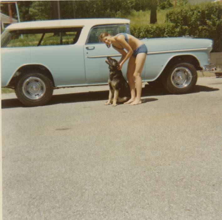 history of Iowa, Iowa History, Motorized Vehicles, Animals, car, station wagon, Hughes, Rick, Spirit lake, IA, Iowa, swimsuit, dog, Portraits - Individual