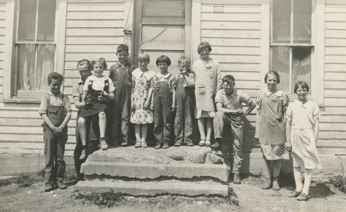 Portraits - Group, siding, rural school, concrete, history of Iowa, IA, University of Northern Iowa Museum, Iowa History, step, window, overalls, Iowa, Schools and Education, door, house, Children