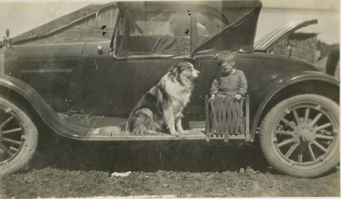 kid, history of Iowa, Smith, Elverda, Iowa History, Motorized Vehicles, Animals, car, Iowa, Canton, IA, collie, Children, dog