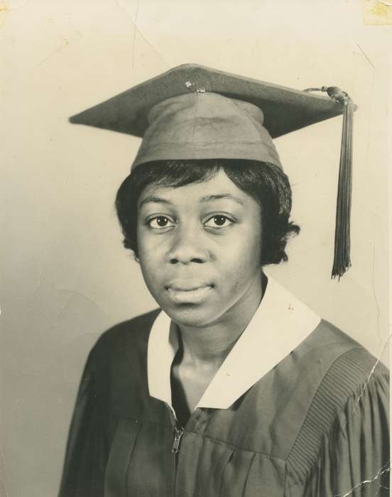 sarah barrett, african american, Barrett, Sarah, history of Iowa, cap and gown, hat, Iowa, high school, Portraits - Individual, graduation, People of Color, Iowa History, Marks, MS, Schools and Education