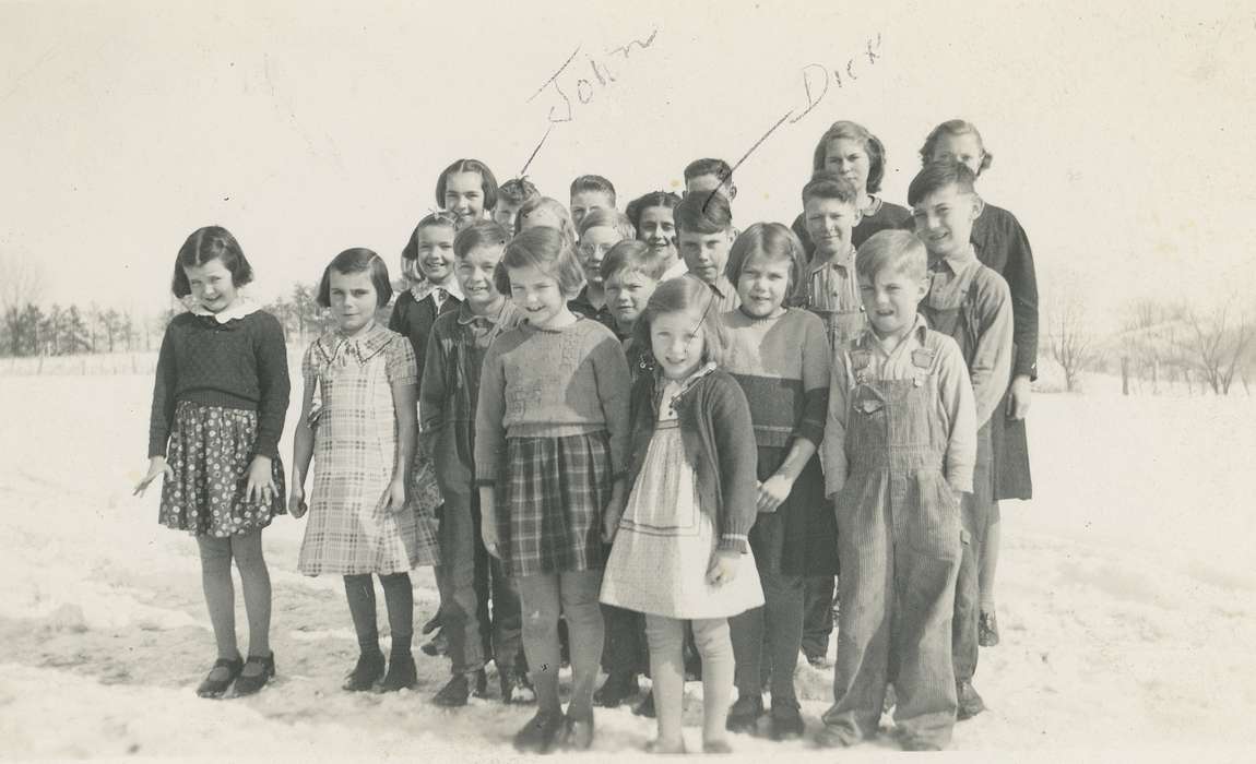 Portraits - Group, skirt, rural school, kids, kid, dress, IA, history of Iowa, University of Northern Iowa Museum, Iowa History, sweater, Iowa, tree, snow, Children, jacket