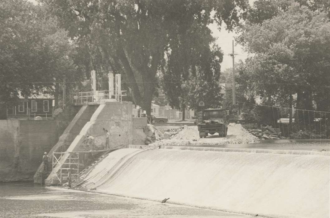 people, Waverly, IA, truck, history of Iowa, Motorized Vehicles, gate, Iowa, Lakes, Rivers, and Streams, repair, Waverly Public Library, Labor and Occupations, dam, Iowa History, tree