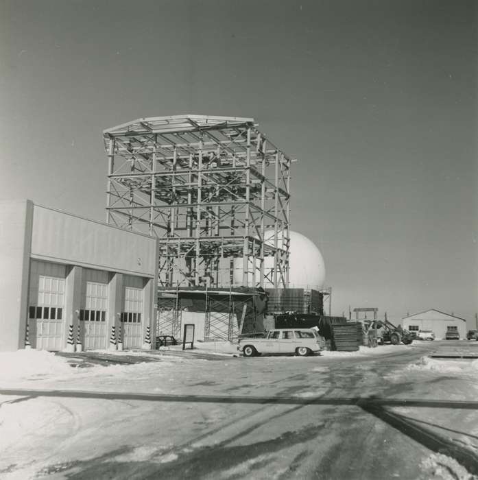 history of Iowa, Landscapes, Businesses and Factories, snow, Waverly Public Library, Iowa, car, Motorized Vehicles, scaffolding, Winter, garage, Iowa History, IA