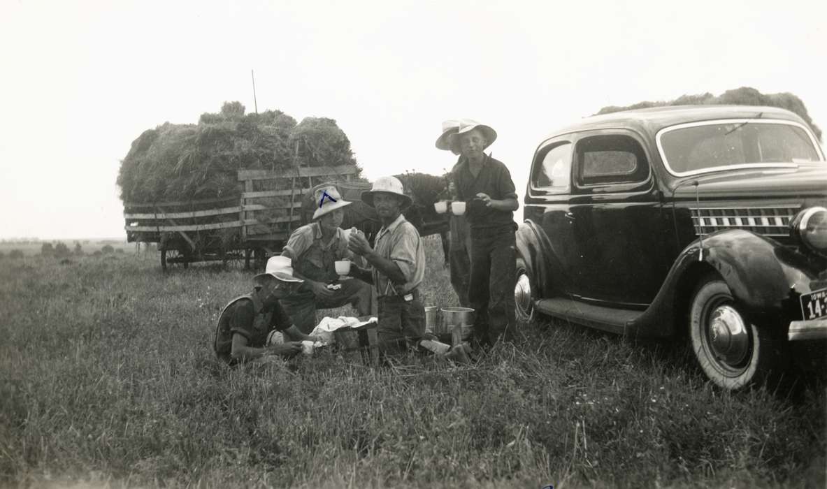 Portraits - Group, wagon, car, Iowa History, Iowa, field, Labor and Occupations, Farms, Carroll, IA, Soyer, Loretta, Farming Equipment, history of Iowa, Food and Meals