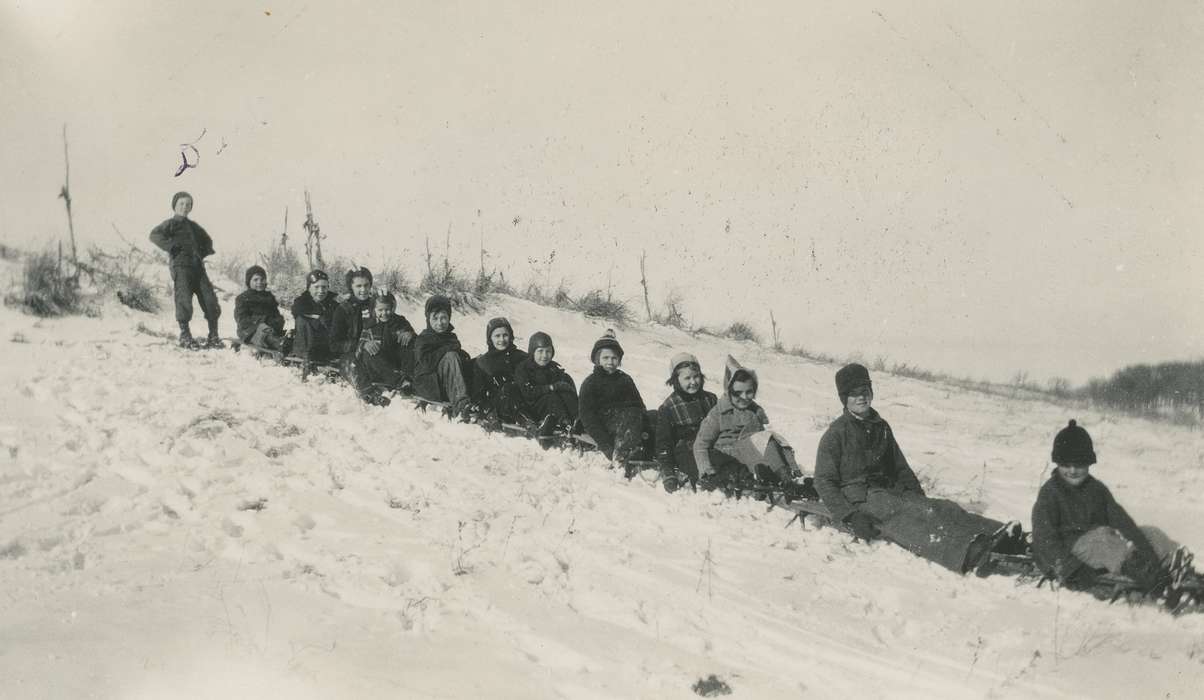 Portraits - Group, hats, IA, University of Northern Iowa Museum, Iowa, hat, kids, Children, kid, Winter, history of Iowa, snow, Iowa History, sled