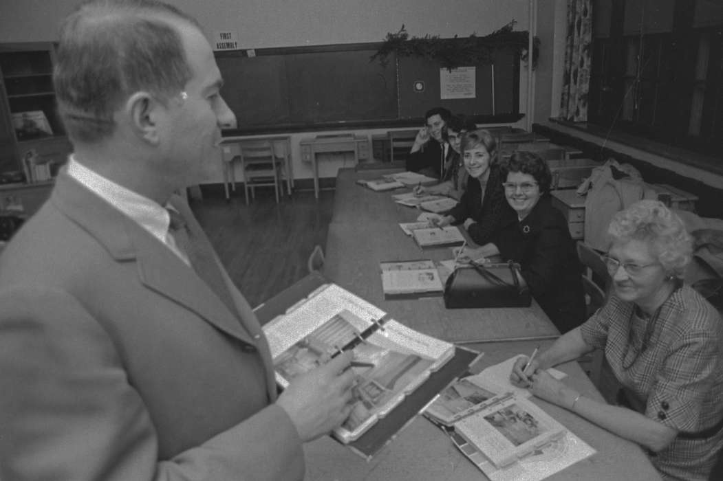 Portraits - Group, class, history of Iowa, Iowa History, chalkboard, Ottumwa, IA, textiles, classroom, Iowa, desk, Lemberger, LeAnn, Schools and Education, purse, Labor and Occupations