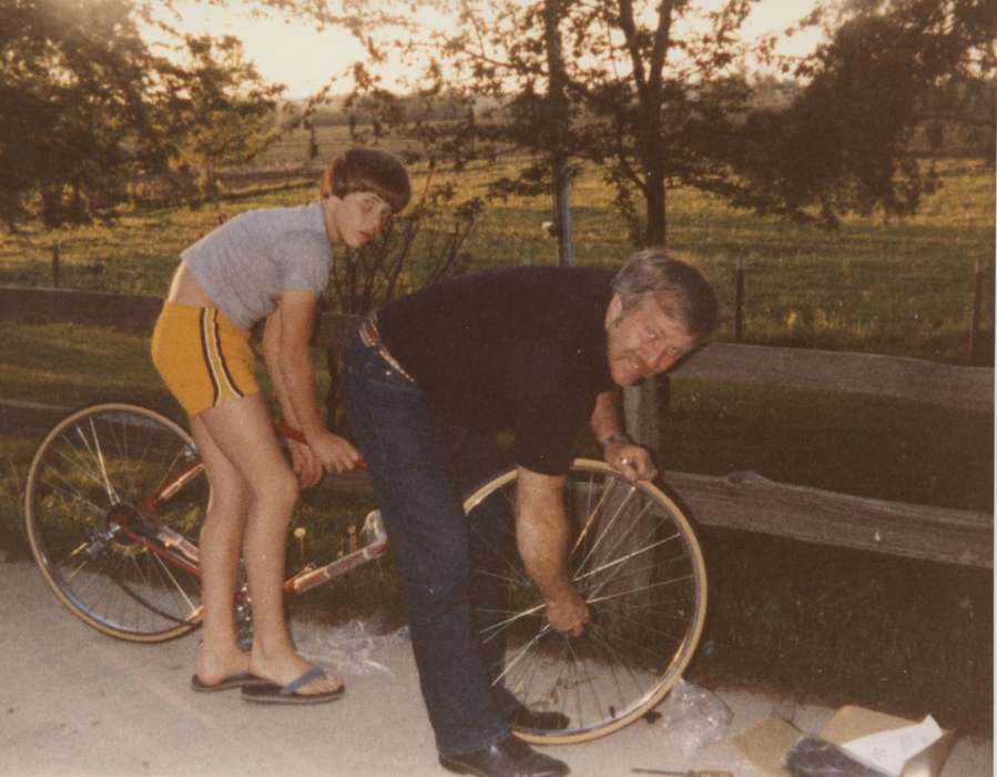 Portraits - Group, Children, Iowa History, Iowa, mustache, Families, Wilton, IA, bike, Owens, Lois, Outdoor Recreation, history of Iowa, short shorts, Leisure, bicycle