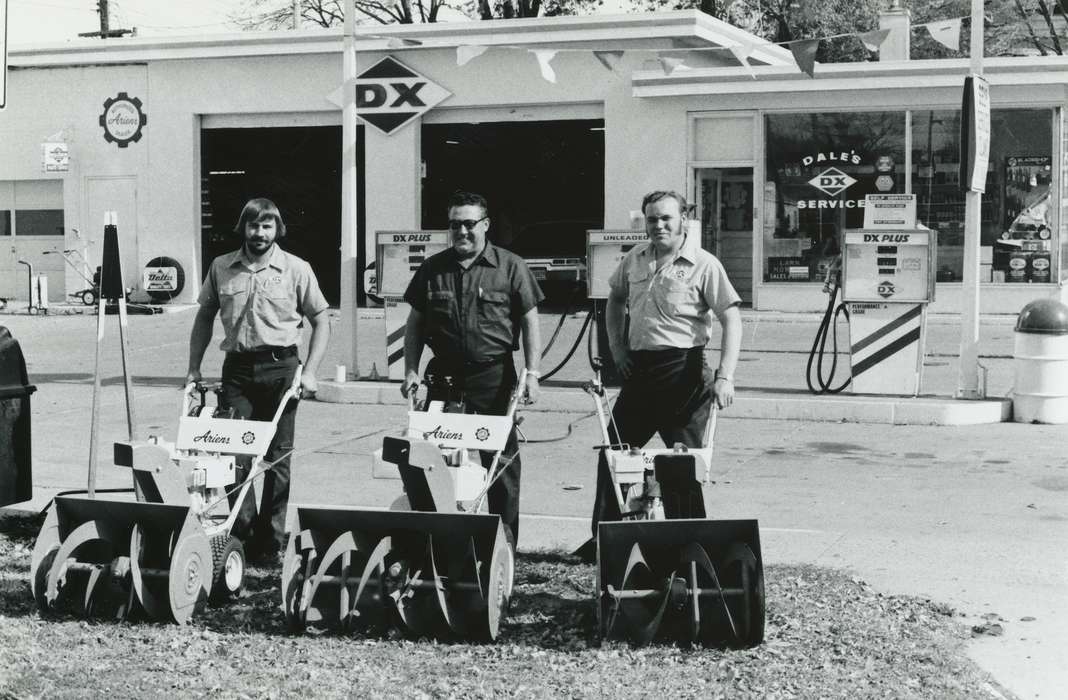 Portraits - Group, Waverly Public Library, history of Iowa, uniform, Iowa History, Businesses and Factories, lawn mower, garage, Waverly, IA, mutton chops, Iowa, gas pump, Labor and Occupations