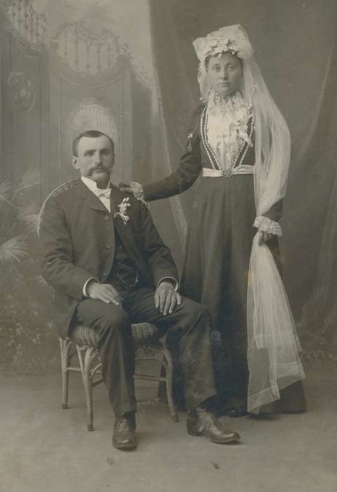 Portraits - Group, pocket watch chain, sack coat, history of Iowa, Iowa History, woman, couple, Olsson, Ann and Jons, New Hampton, IA, lace collar, man, cabinet photo, Iowa, Weddings, painted backdrop, mustache, wedding