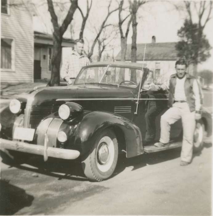 houses, men, Iowa, McCllough, Connie, Woolstock, IA, car, Portraits - Individual, jalopy, history of Iowa, Motorized Vehicles, Iowa History