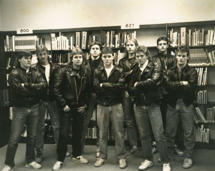 Portraits - Group, leather jacket, Iowa, Reiter-Husted, Brenda, greaser, Iowa Falls, IA, history of Iowa, library, Iowa History