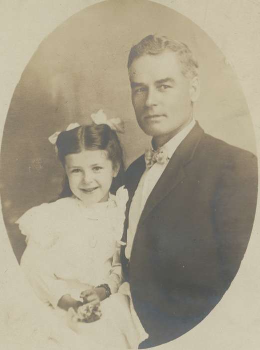 Portraits - Group, bow tie, daughter, history of Iowa, Iowa History, father, bow, girl, Parkersburg, IA, Neymeyer, Robert, man, Iowa, dress, Children