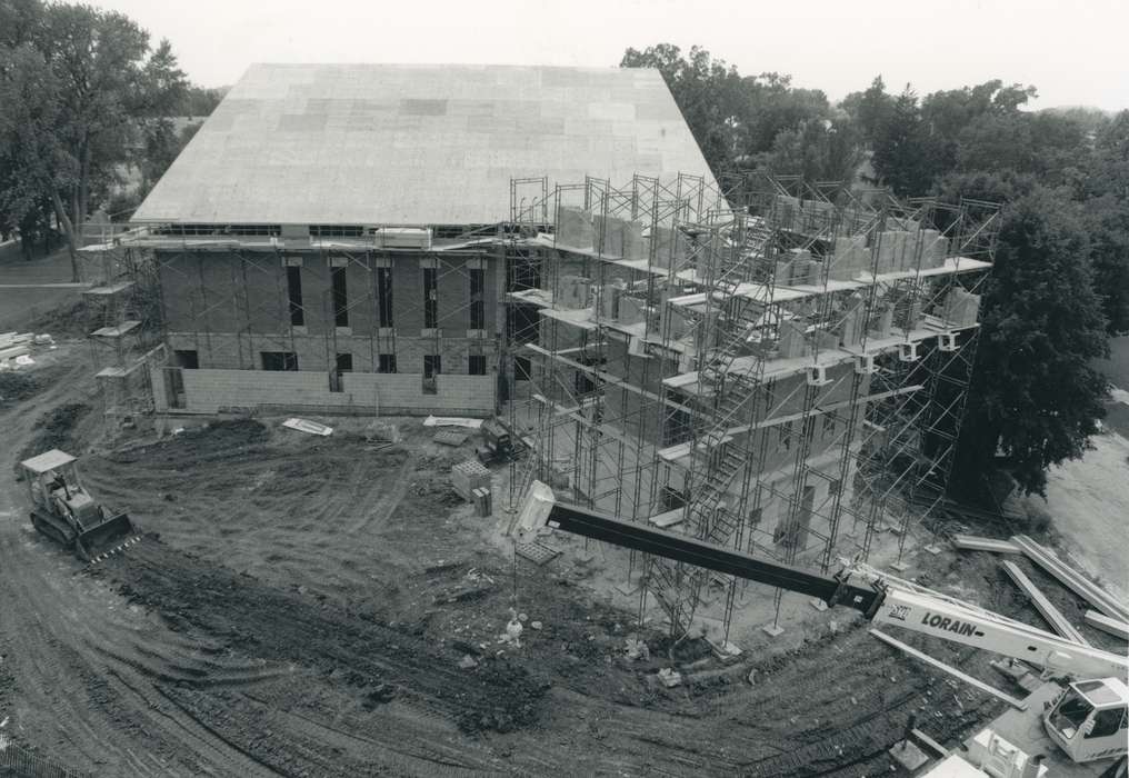 construction materials, construction crew, Labor and Occupations, bell tower, Motorized Vehicles, Waverly Public Library, steeple, Iowa, construction, history of Iowa, Iowa History, Aerial Shots, Religious Structures, Waverly, IA