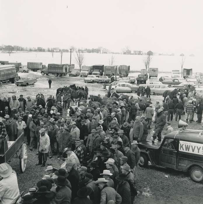 history of Iowa, Waverly Public Library, snow, Waverly, IA, Iowa, car, horse, cowboy hat, Winter, crowd, Iowa History, correct date needed, horse wagon, Animals, truck