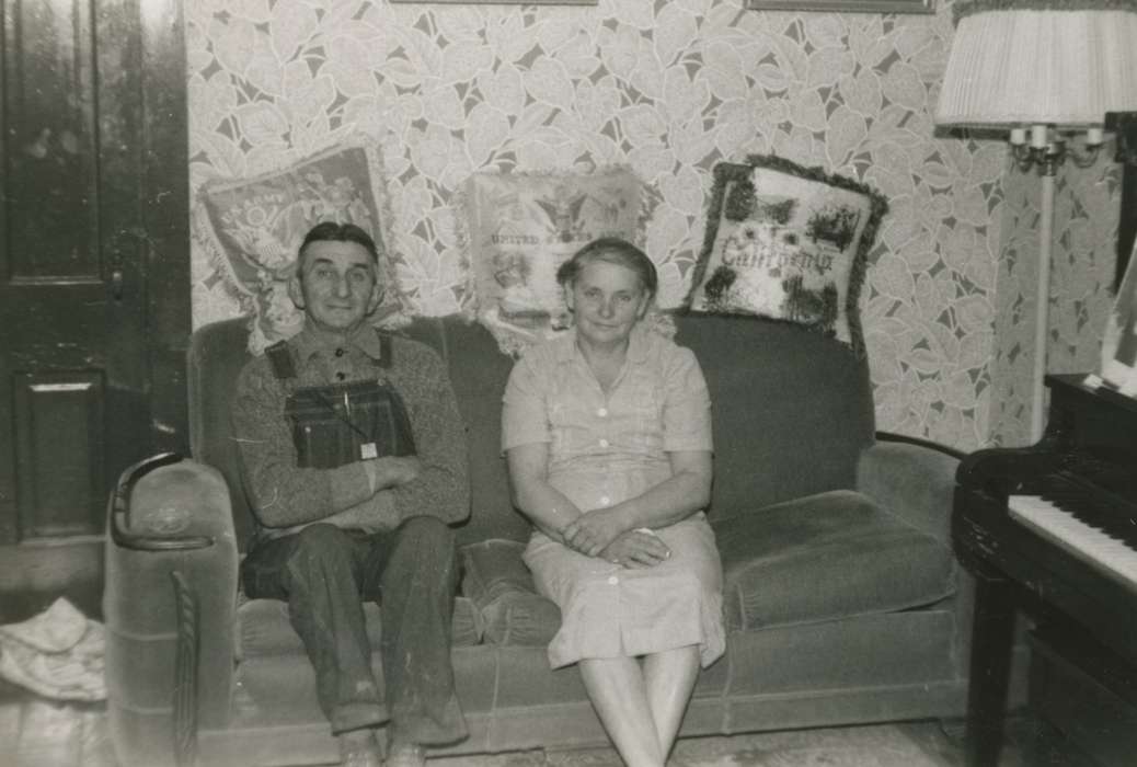 Portraits - Group, couch, lamp, piano, Iowa, Breja, Janice, Leisure, living room, Chelsea, IA, Homes, wallpaper, pillow, history of Iowa, Iowa History, overalls