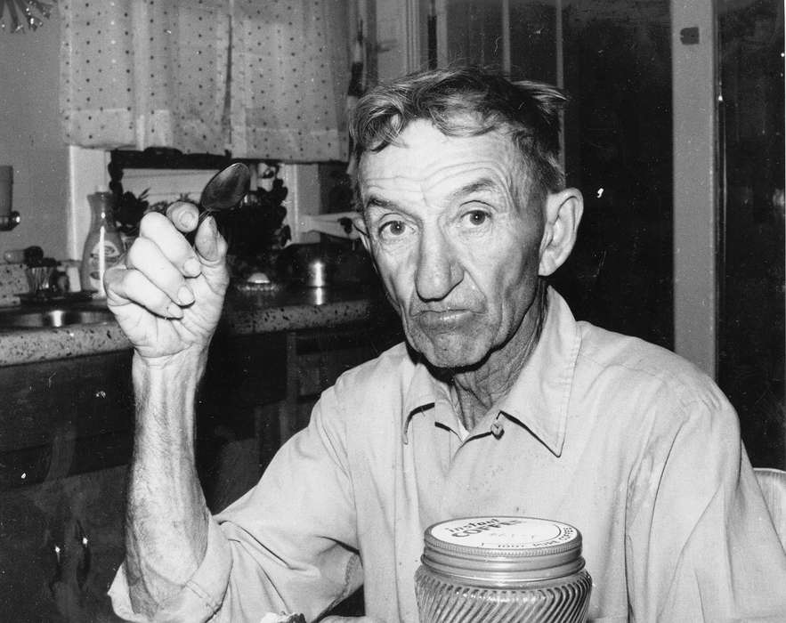 Homes, history of Iowa, kitchen, Iowa History, Johnson, JB, Iowa, Britt, IA, coffee, spoon, Food and Meals, Portraits - Individual