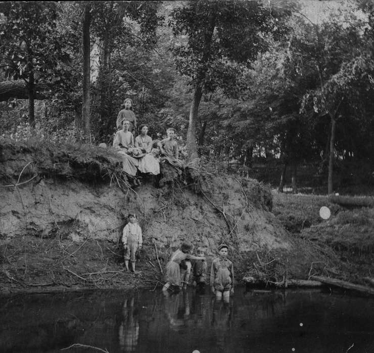 Leland, IA, Portraits - Group, Leisure, sticks, Iowa History, Lakes, Rivers, and Streams, Iowa, forest, Brown, Clarice, creek, Children, history of Iowa