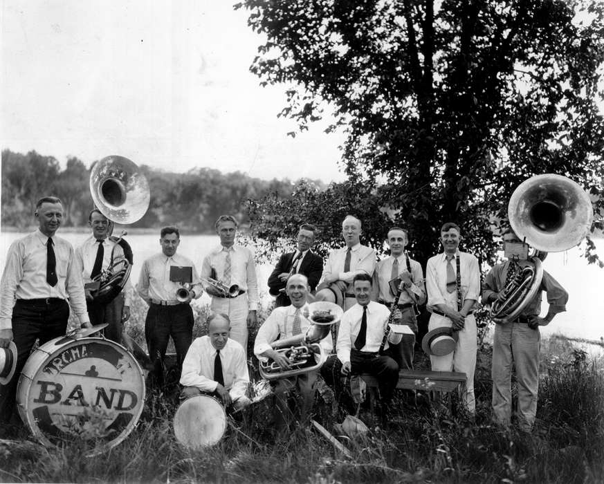 tuba, trumpet, cymbal, Leisure, band, Entertainment, Lakes, Rivers, and Streams, drum, clarinet, music, Lemberger, LeAnn, necktie, history of Iowa, Iowa History, Portraits - Group, Iowa, straw hat, suspenders, Ottumwa, IA, tree