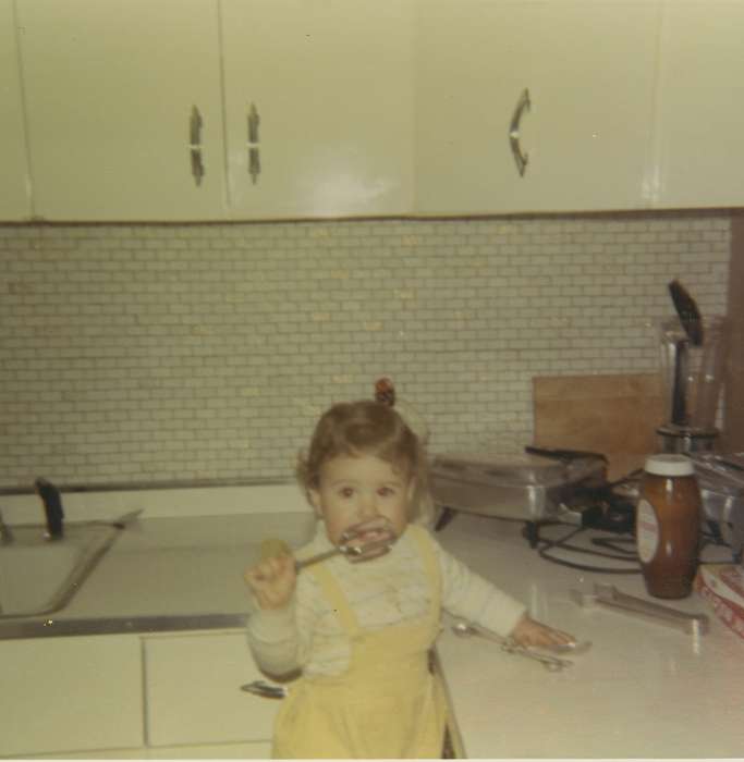history of Iowa, kitchen, IA, Iowa History, counter, overalls, Scholtec, Emily, Iowa, Homes, Food and Meals, Children, cabinet, Portraits - Individual