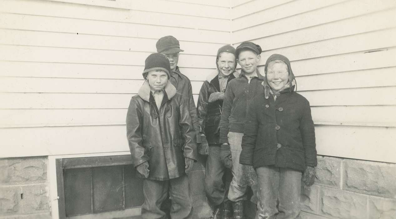 Portraits - Group, rural school, history of Iowa, Iowa History, IA, University of Northern Iowa Museum, leather jacket, building, glasses, Iowa, foundation, Schools and Education, Children, hat, jacket