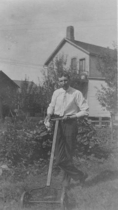 Portraits - Individual, Becker, Alfred, Iowa History, Iowa, garden, mower, lawn mower, Davenport, IA, history of Iowa