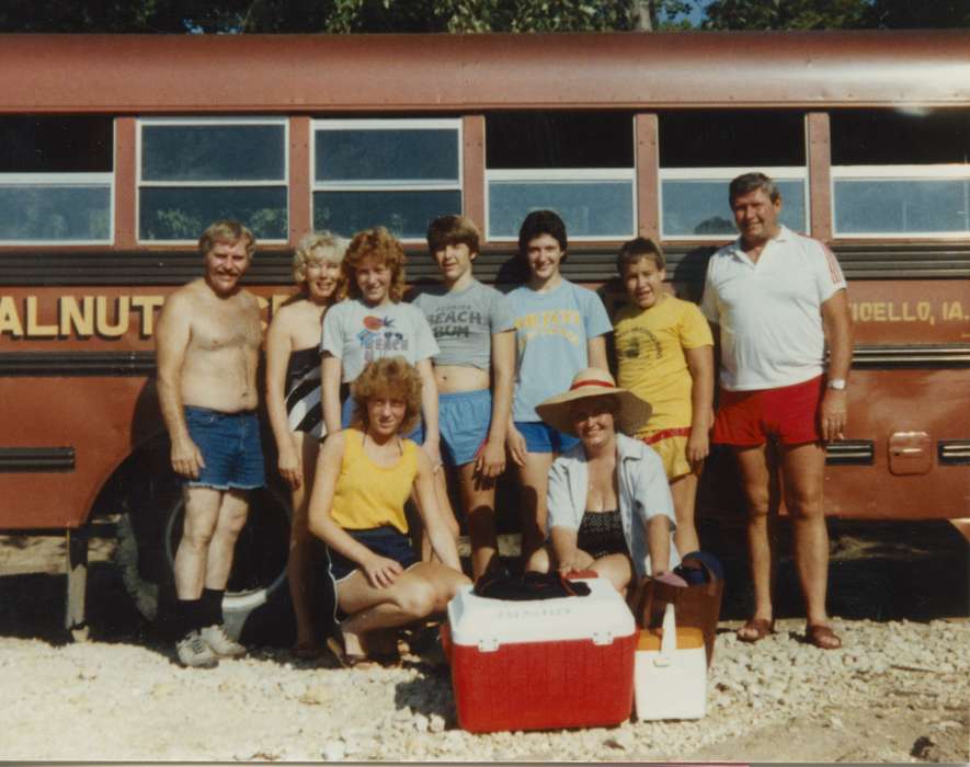 Outdoor Recreation, Portraits - Group, Wilton, IA, swim, cooler, Iowa, summer, shirtless, swimsuit, Owens, Lois, bus, history of Iowa, swimsuits, Iowa History, short shorts