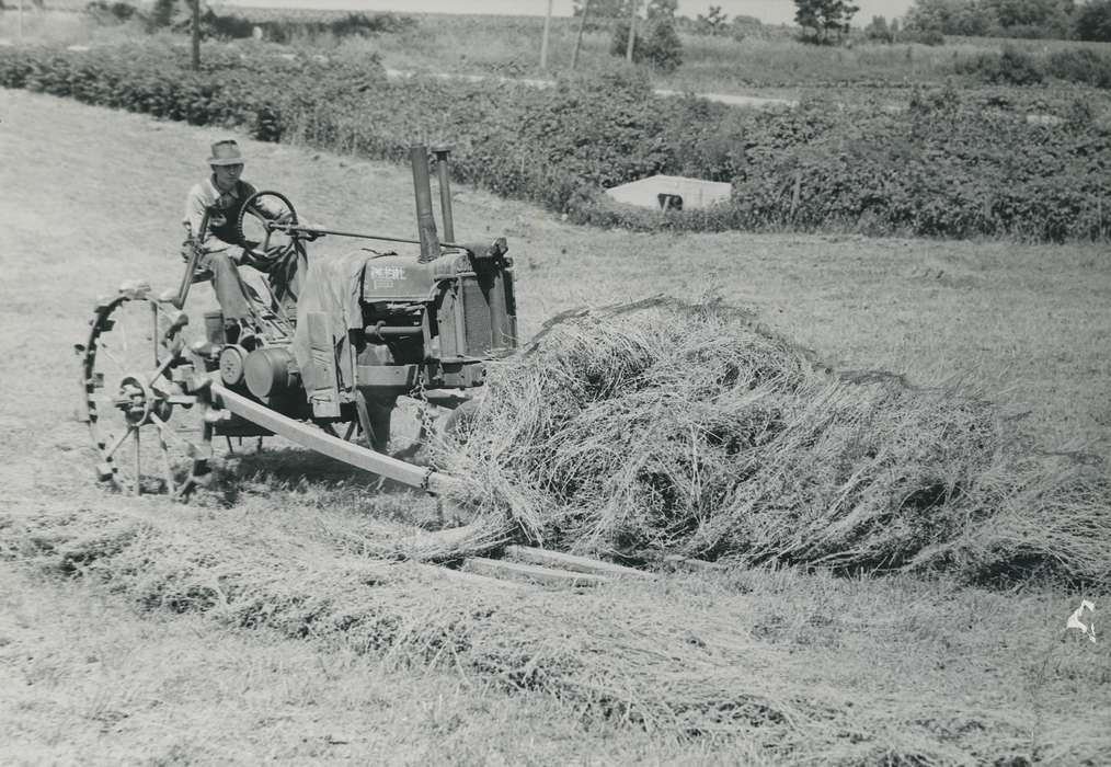 history of Iowa, Waverly Public Library, Waverly, IA, tractor, hay, Iowa, Motorized Vehicles, Farming Equipment, rake, farmer, Iowa History, Labor and Occupations