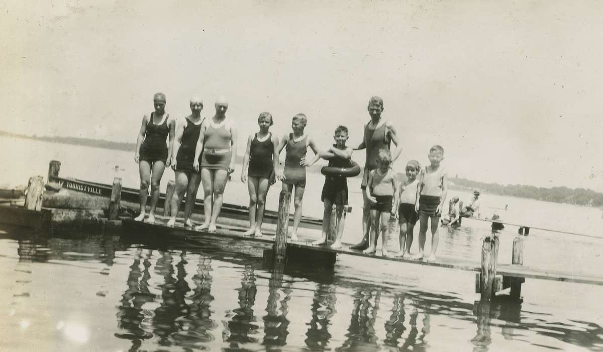 Portraits - Group, swim, Iowa, dock, McMurray, Doug, bathing suit, Leisure, Children, swimsuit, Lakes, Rivers, and Streams, Clear Lake, IA, history of Iowa, Iowa History