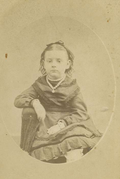 carte de visite, Iowa, necklace, Waterloo, IA, Iowa History, Children, Olsson, Ann and Jons, Portraits - Individual, dress, history of Iowa, lace collar, girl, apron, pantaloons