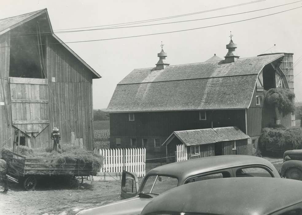 history of Iowa, Waverly Public Library, Waverly, IA, hay, car, Motorized Vehicles, fence, wagon, Barns, Iowa, farmer, Iowa History, Farms, correct date needed, Labor and Occupations