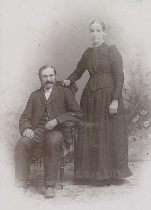 Portraits - Group, pocket watch chain, sack coat, history of Iowa, Iowa History, woman, couple, Olsson, Ann and Jons, lace collar, man, cabinet photo, Vinton, IA, Iowa, painted backdrop, mustache