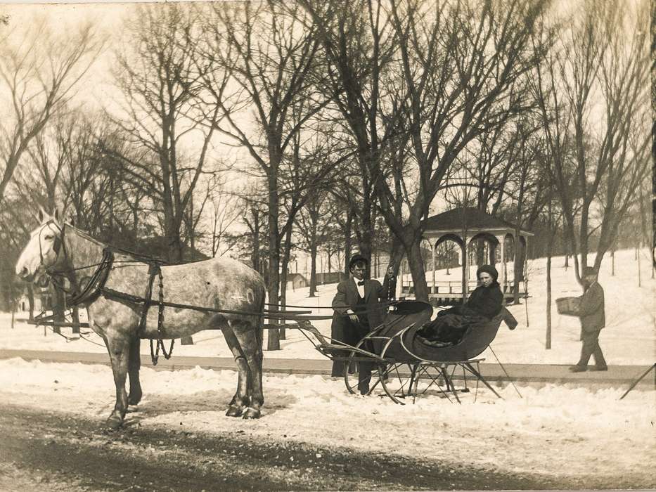 Outdoor Recreation, gazebo, Iowa, sleigh, Animals, horse, Anamosa, IA, Anamosa Library & Learning Center, Winter, history of Iowa, snow, Iowa History