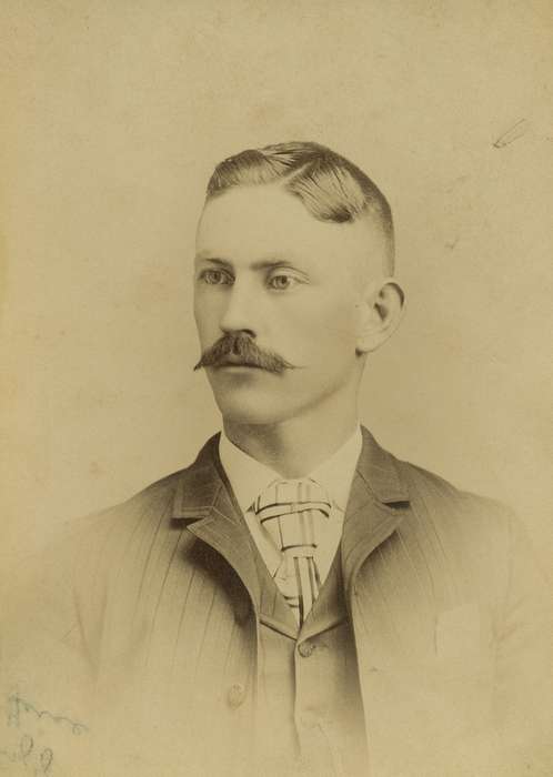 vest, handlebar mustache, history of Iowa, Iowa History, four in hand tie, tie, man, cabinet photo, Iowa, Olsson, Ann and Jons, State Center, IA, Portraits - Individual
