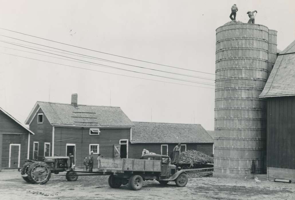 farmer, Farming Equipment, silage, Iowa History, history of Iowa, Motorized Vehicles, Barns, truck, tractor, Waverly, IA, silo, Iowa, Farms, correct date needed, Waverly Public Library, Labor and Occupations