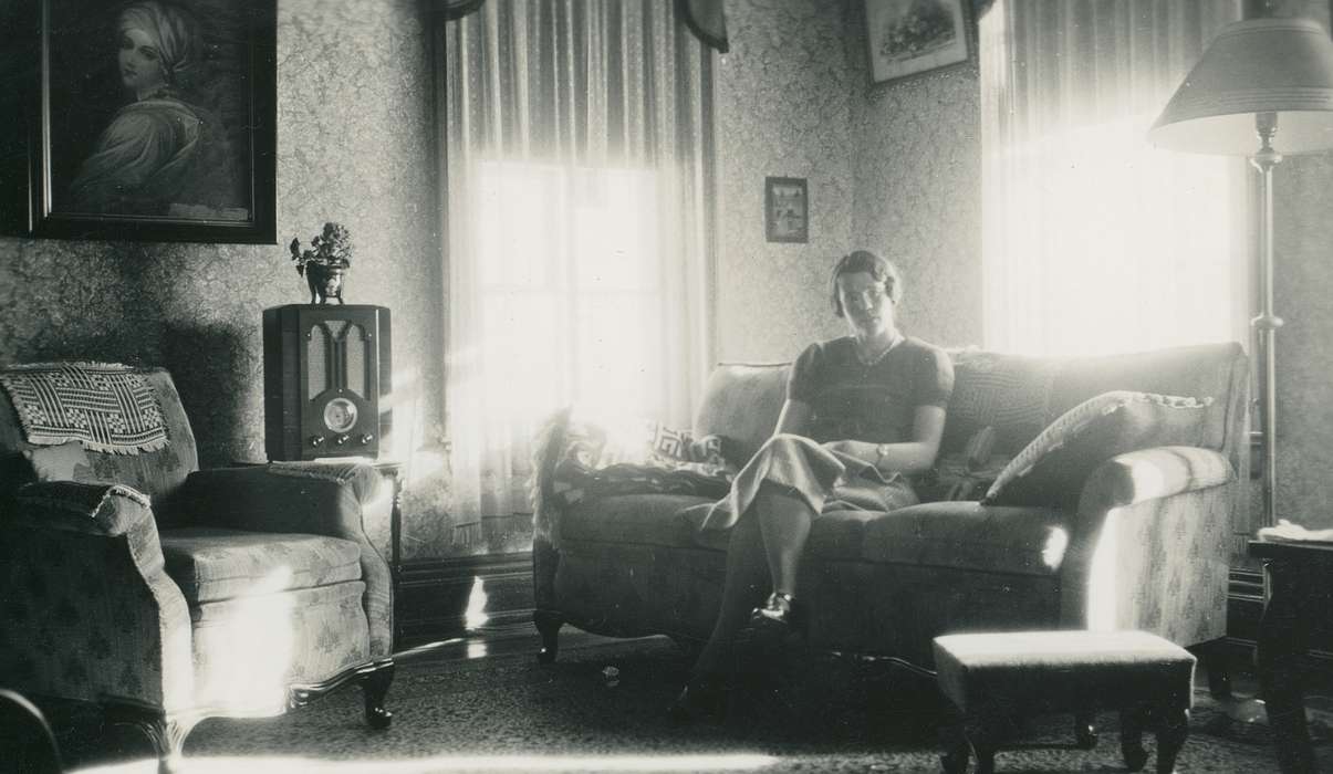 sitting room, history of Iowa, sitting, armchair, Iowa History, radio, sofa, woman, Iowa, living room, correct date needed, Waverly Public Library, Portraits - Individual