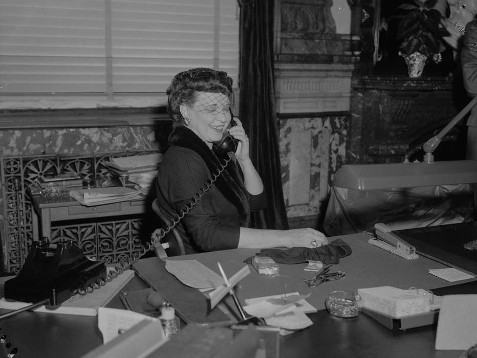 Iowa, secretary, phone, cigarette, stapler, veil, Des Moines, IA, Lemberger, LeAnn, Labor and Occupations, Civic Engagement, history of Iowa, Iowa History, office