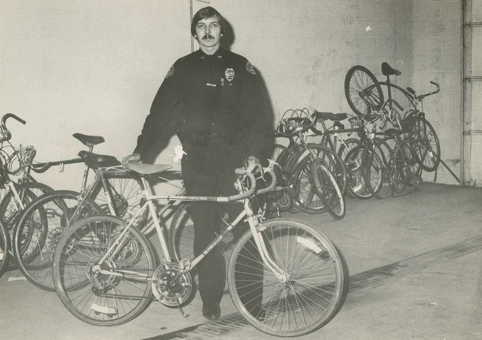police, history of Iowa, uniform, Portraits - Individual, Iowa History, Waverly, IA, police officer, Iowa, mustache, bike, Waverly Public Library, Labor and Occupations
