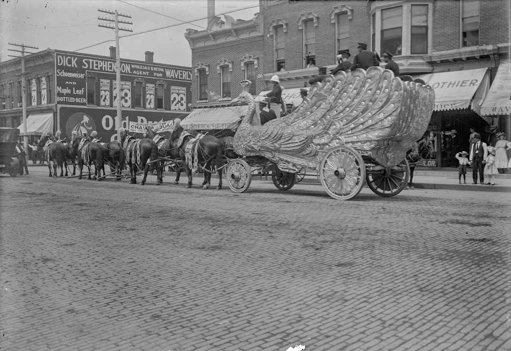 Main Streets & Town Squares, float, advertisement, Iowa History, history of Iowa, Fairs and Festivals, Iowa, Cities and Towns, sign, horse, Waverly Public Library, bird