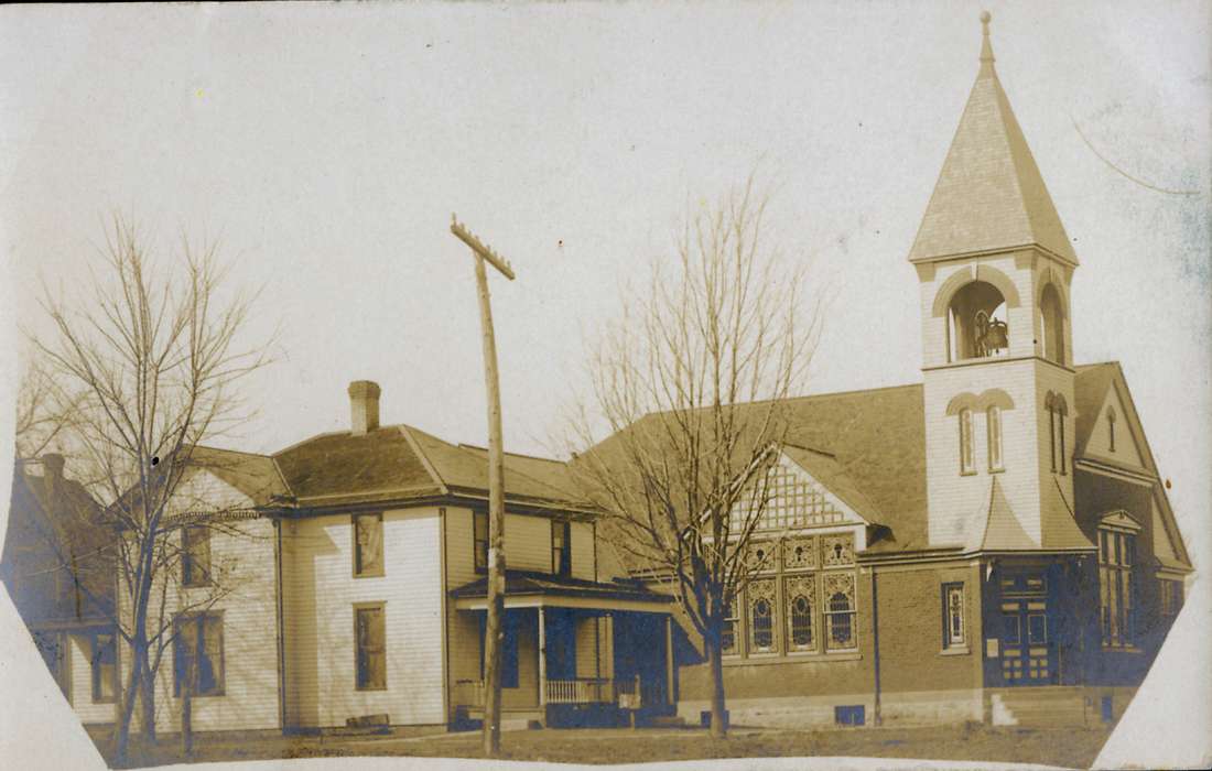 street, Religious Structures, history of Iowa, Lemberger, LeAnn, church, power lines, Main Streets & Town Squares, Iowa, Cities and Towns, Hedrick, IA, Iowa History