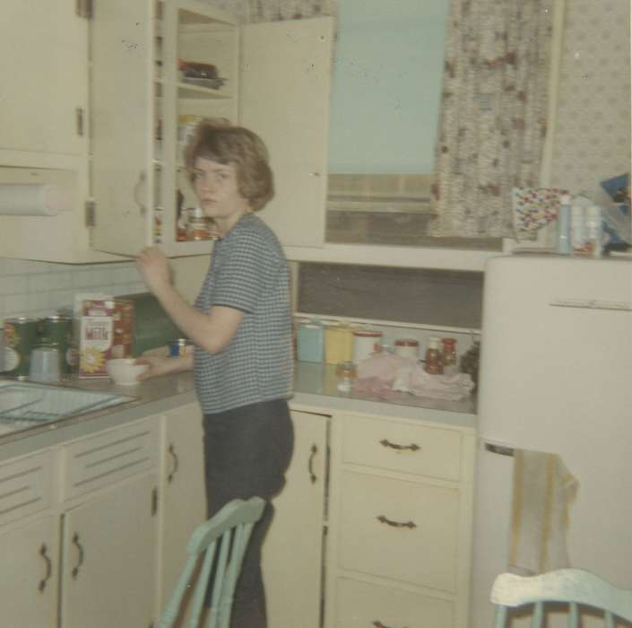 history of Iowa, kitchen, IA, Iowa History, curtain, Scholtec, Emily, Iowa, refrigerator, Homes, Food and Meals, cabinet, milk, Portraits - Individual