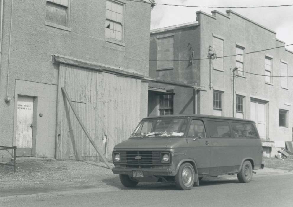 Iowa, Waverly Public Library, factory, van, chevy, Cities and Towns, Businesses and Factories, Waverly, IA, history of Iowa, Motorized Vehicles, Main Streets & Town Squares, Iowa History, chevrolet