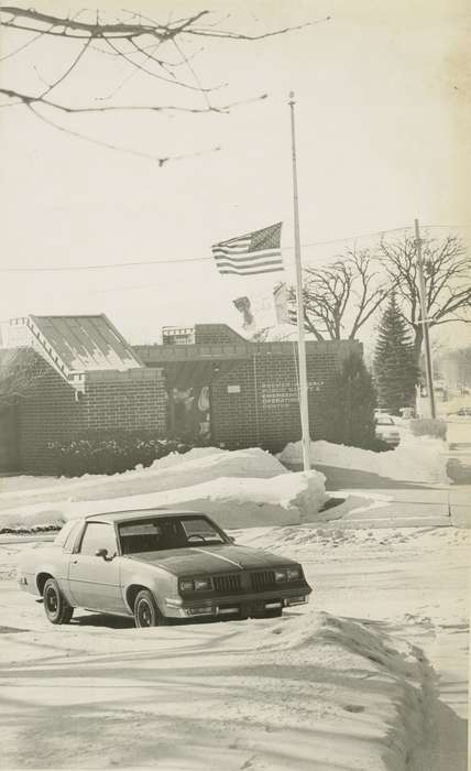 flag, history of Iowa, Iowa History, Winter, Businesses and Factories, car, american flag, Waverly, IA, Iowa, snow, Waverly Public Library