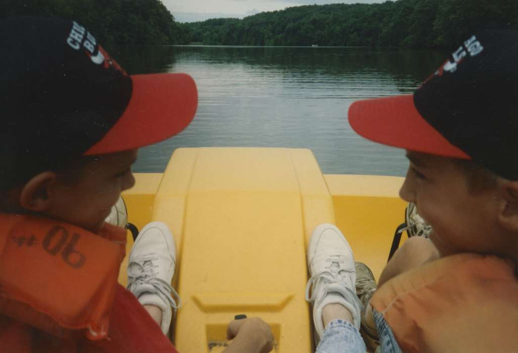 paddleboat, history of Iowa, happy, chicago bulls, Iowa History, Lakes, Rivers, and Streams, Ott, Mark, boys, life jacket, river, Janesville, IA, Iowa, Outdoor Recreation, baseball cap, Children
