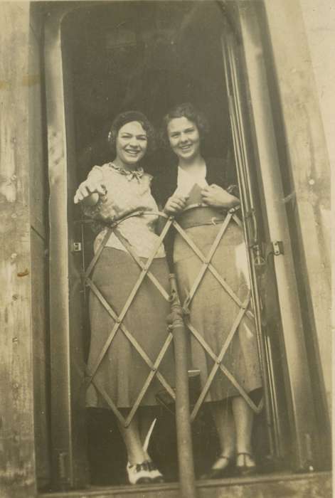 Portraits - Group, saddle shoes, Iowa, t-strap, woman, Fairs and Festivals, skirt, smiles, sisters, Hilmer, Betty, Chicago, IL, history of Iowa, Iowa History