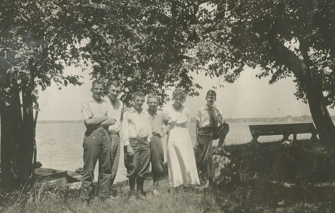 Portraits - Group, Clear Lake, IA, lake, history of Iowa, Iowa History, boy scout, Lakes, Rivers, and Streams, Iowa, Outdoor Recreation, McMurray, Doug, Children, bench