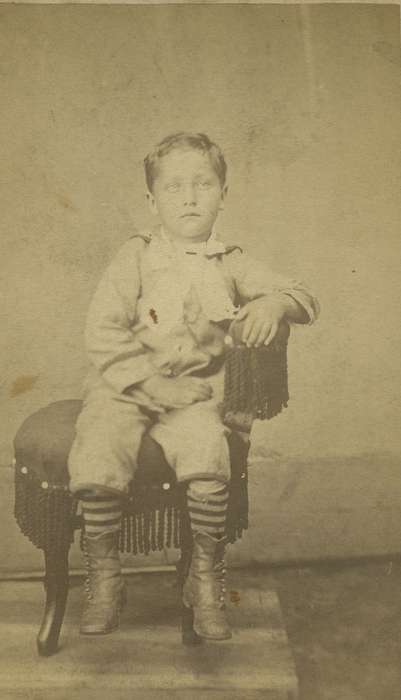 boy, carte de visite, IA, Iowa, high buttoned shoes, Children, Olsson, Ann and Jons, Portraits - Individual, history of Iowa, knickers, blouse, bow tie, Iowa History