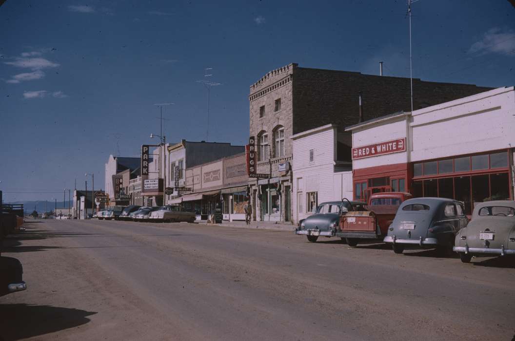 Main Streets & Town Squares, history of Iowa, Sack, Renata, Iowa History, Motorized Vehicles, west, Iowa, Cities and Towns, store front, drugstore, USA