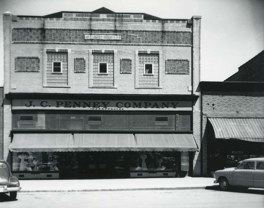 Waverly, IA, history of Iowa, window display, Motorized Vehicles, brick building, Main Streets & Town Squares, Iowa, Cities and Towns, jc penney, car, sign, Businesses and Factories, building, Waverly Public Library, Iowa History