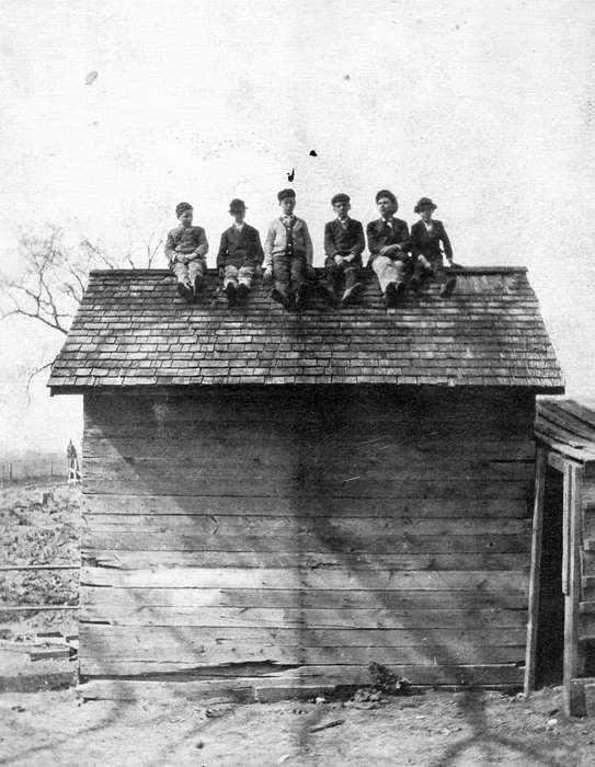 Portraits - Group, history of Iowa, Iowa History, Barns, roof, Early, IA, Iowa, Farms, Scherrman, Pearl, Children