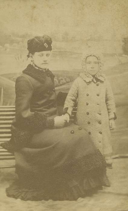 Portraits - Group, carte de visite, Iowa, mother, winter coat, bonnet, Children, Olsson, Ann and Jons, history of Iowa, Cedar Falls, IA, painted backdrop, daughter, Iowa History